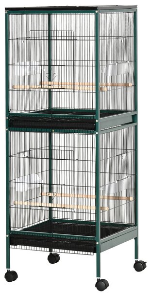 PawHut Velká ptákovnice na stojanu - Dvoukomorová voliéra s krmítky a bidly, odnímatelný tác - S kolečky - 51,5 x 50 x 140 cm Zelená Černá | Aosom