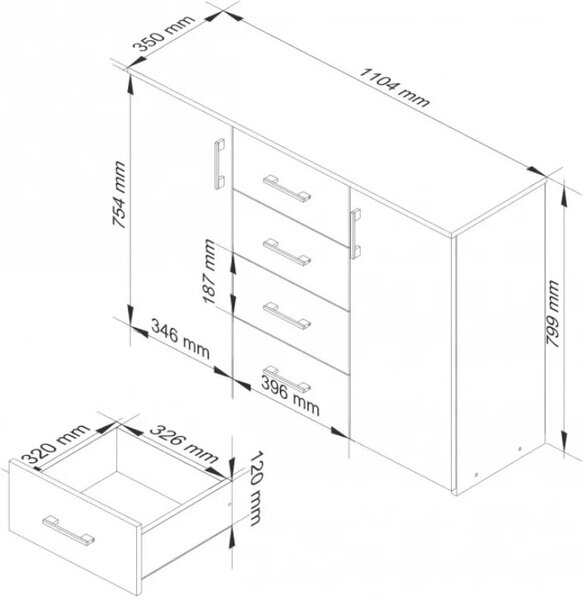 Komoda se 4 zásuvkami a 2 dvířky, 110x80x35, obývací pokoj, bílá