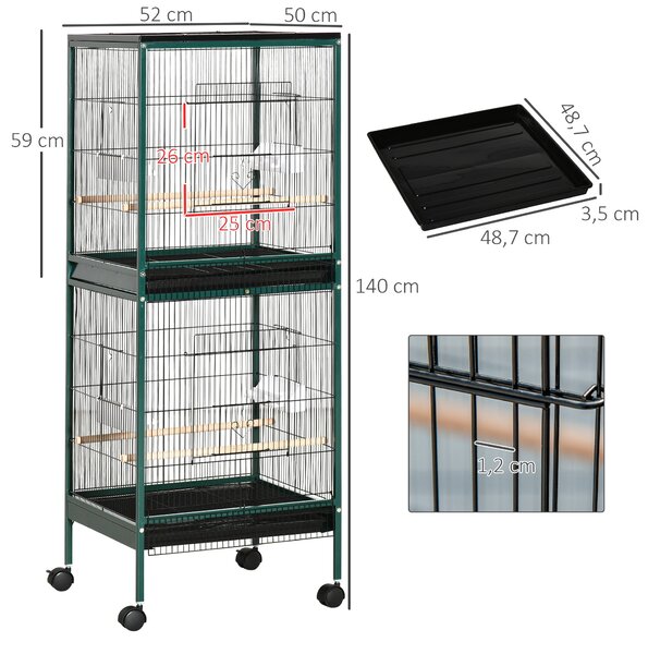 PawHut Velká ptákovnice na stojanu - Dvoukomorová voliéra s krmítky a bidly, odnímatelný tác - S kolečky - 51,5 x 50 x 140 cm Zelená Černá | Aosom