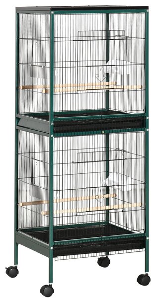 PawHut Velká ptákovnice na stojanu - Dvoukomorová voliéra s krmítky a bidly, odnímatelný tác - S kolečky - 51,5 x 50 x 140 cm Zelená Černá | Aosom