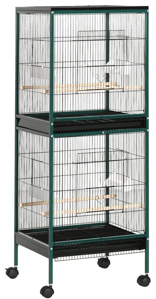 PawHut Velká ptákovnice na stojanu - Dvoukomorová voliéra s krmítky a bidly, odnímatelný tác - S kolečky - 51,5 x 50 x 140 cm Zelená Černá | Aosom