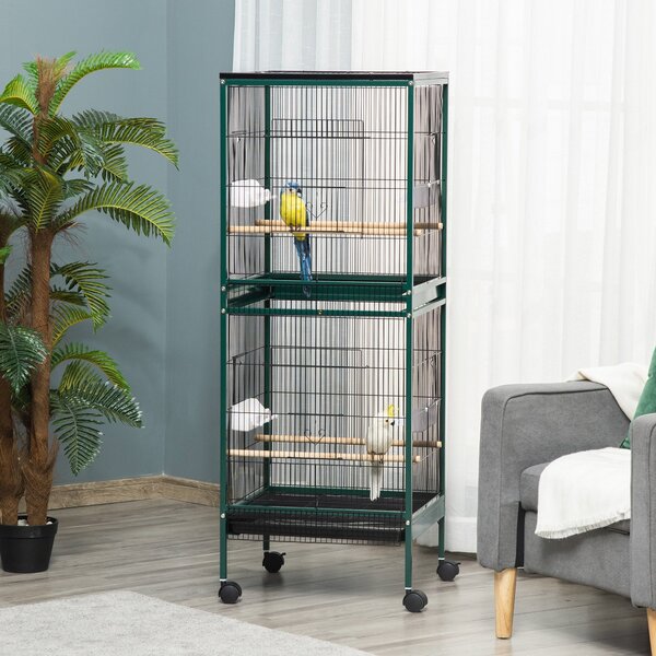 PawHut Velká ptákovnice na stojanu - Dvoukomorová voliéra s krmítky a bidly, odnímatelný tác - S kolečky - 51,5 x 50 x 140 cm Zelená Černá | Aosom