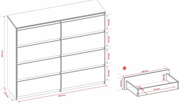 Komoda 8 120 cm - s 8 zásuvkami v bílé matné barvě / bílé ve vysokém lesku / různé barvy a velikosti