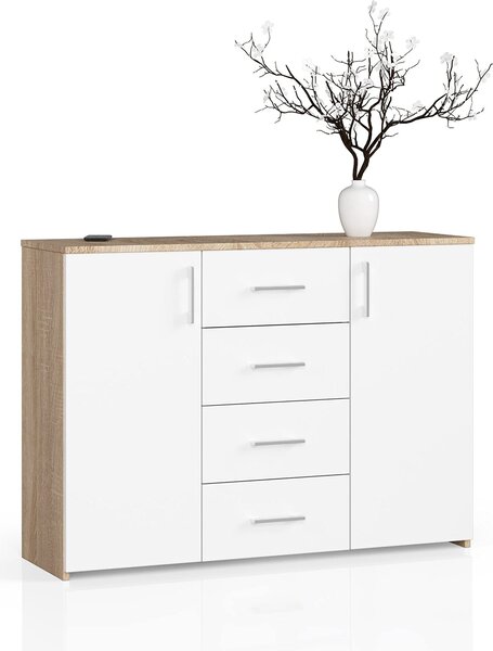 Komoda se 4 zásuvkami a 2 dvířky, 110x80x35, obývací pokoj, dub Sonoma / bílá