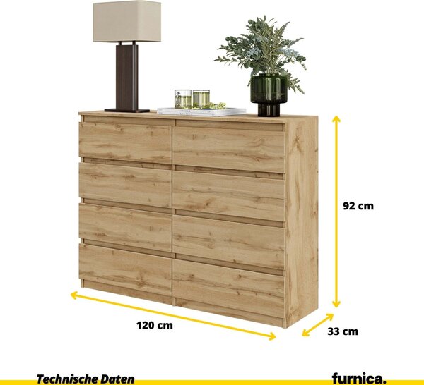 FURNICA - GABRIEL - Komoda / příborník s 8 zásuvkami - dub Wotan V92cm Š120cm D33cm