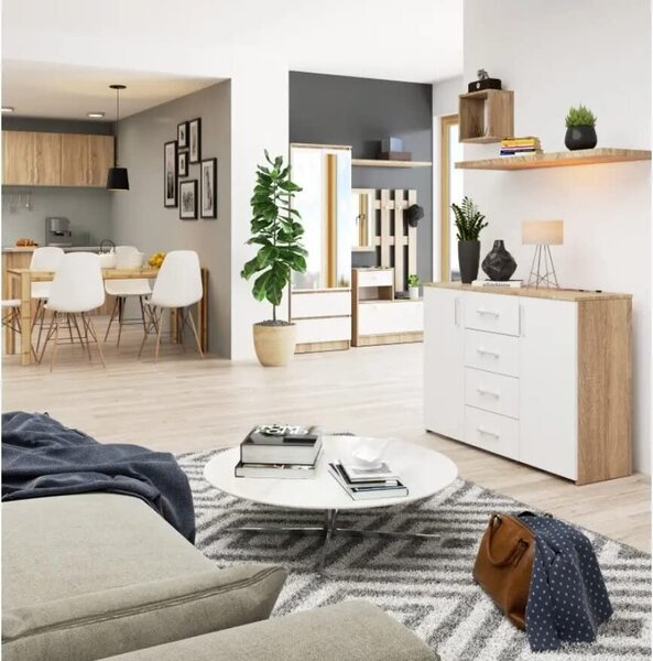 Komoda se 4 zásuvkami a 2 dvířky, 110x80x35, obývací pokoj, dub Sonoma / bílá