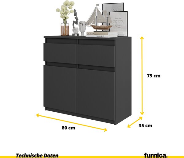FURNICA - NOAH - Komoda se 2 zásuvkami a 2 dvířky - antracitově šedá V75cm Š80cm H35cm