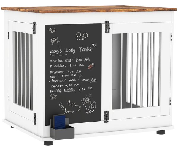 PawHut Psí Kotec, Vnitřní Psí Doplňkový Kotec s 2 Dveřmi, Tabule na Křídu, Dvojfunctionální, pro Střední Psy do 20 kg, 80 x 60 x 70 cm, Bílá | Aosom