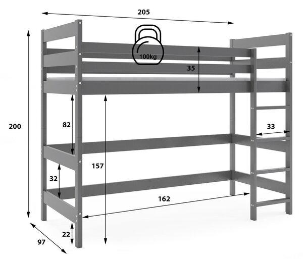 Dětská patrová postel ANTRESOLA 90x200 cm Šedá