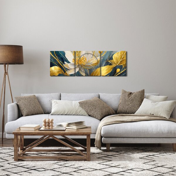 Obraz - Malba zlatých květin (s hodinami) (90x30 cm)