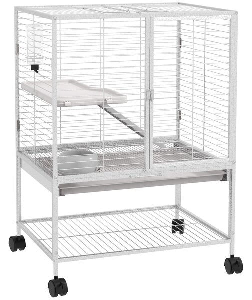 PawHut Klec pro malé zvířata na kolečkách, 2 úrovně, 2 dveře, 1 rampa, 1 odkládací police, miska, láhev - 61,5 x 44,5 x 86 cm, šedá | Aosom