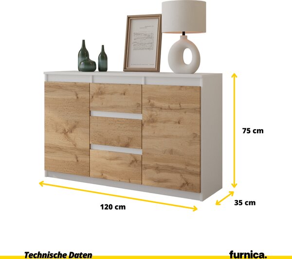 FURNICA - MIKEL - Komoda / příborník se 3 zásuvkami a 2 dvířky - bílý mat / dub Wotan V75cm Š120cm H35cm