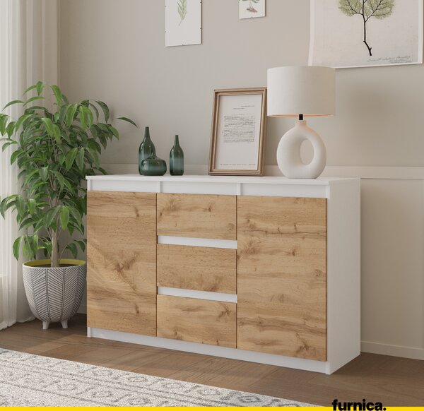 FURNICA - MIKEL - Komoda / příborník se 3 zásuvkami a 2 dvířky - bílý mat / dub Wotan V75cm Š120cm H35cm