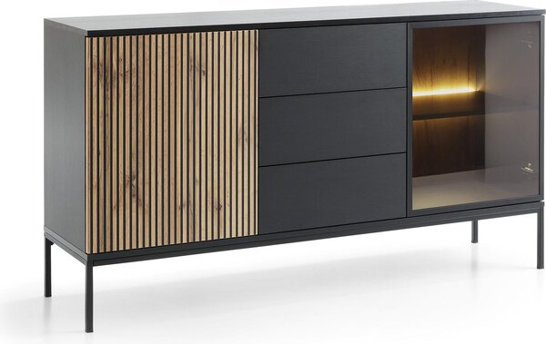 Moderní široká komoda s žebrovaným čelem 154×83×39 cm, černá / dub Wotan