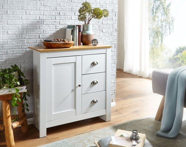 Komoda FineBuy se 3 zásuvkami, 79 x 81 x 35 cm, bílá / dub, moderní design, vysoká komoda s dvířky a zásuvkami, do obývacího pokoje