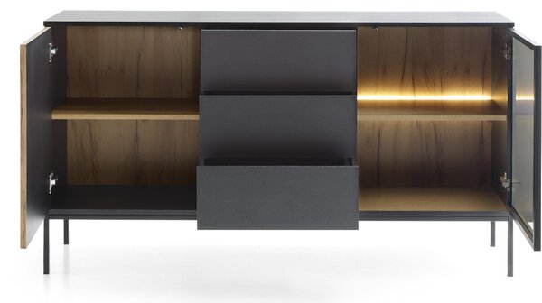 Moderní široká komoda s žebrovaným čelem 154×83×39 cm, černá / dub Wotan