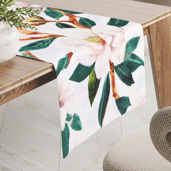 Biante Bavlněný běhoun na stůl Sandra SA-293 Magnolie se zelenými listy na bílém 20x120 cm