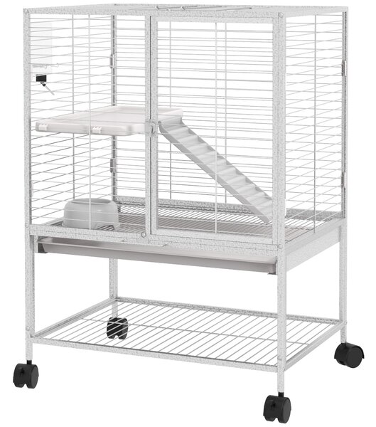 PawHut Klec pro malé zvířata na kolečkách, 2 úrovně, 2 dveře, 1 rampa, 1 odkládací police, miska, láhev - 61,5 x 44,5 x 86 cm, šedá | Aosom