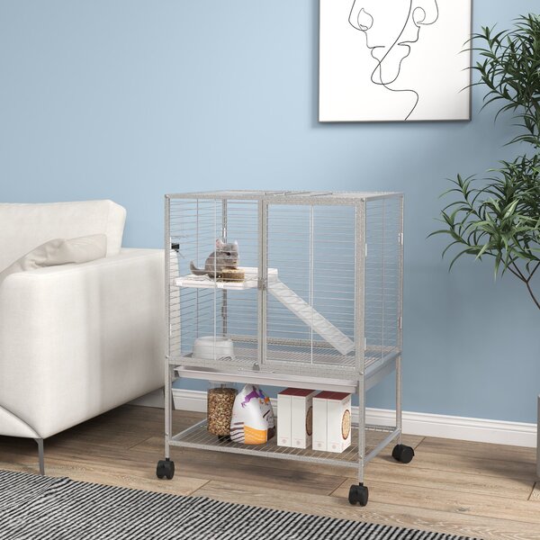 PawHut Klec pro malé zvířata na kolečkách, 2 úrovně, 2 dveře, 1 rampa, 1 odkládací police, miska, láhev - 61,5 x 44,5 x 86 cm, šedá | Aosom