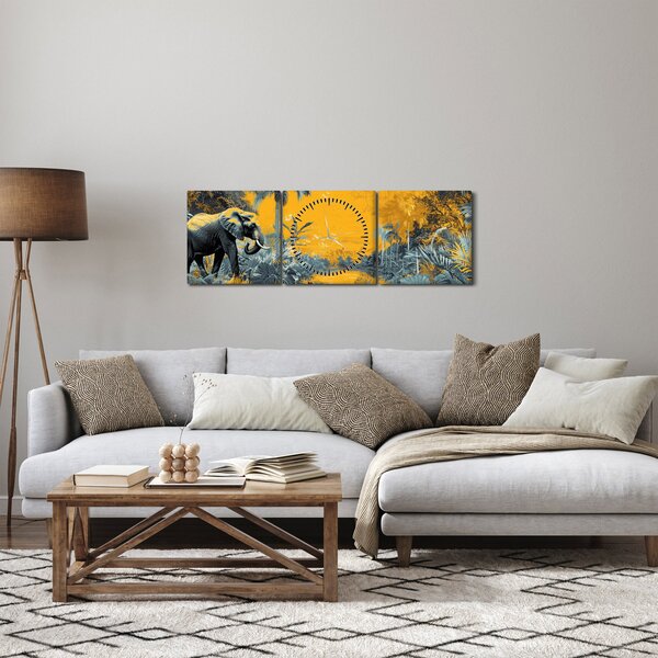 Obraz - Slon v přírodě (s hodinami) (90x30 cm)