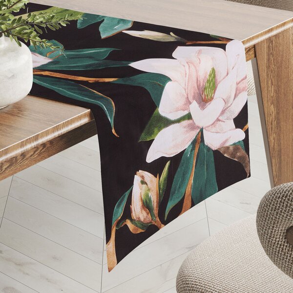 Biante Bavlněný běhoun na stůl Sandra SA-300 Květy magnolie na černém 20x120 cm