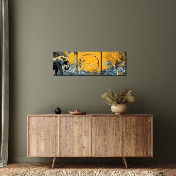 Obraz - Slon v přírodě (s hodinami) (90x30 cm)