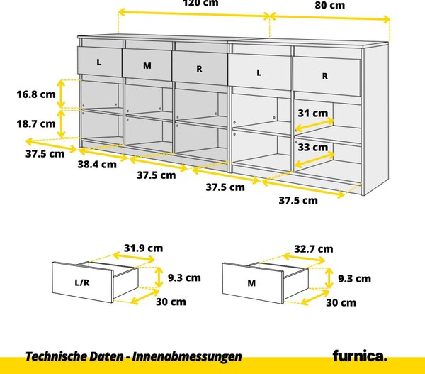 NOAH - Komoda s 5 zásuvkami a 5 dvířky - Komoda do ložnice Úložná skříňka Příborník - antracitově šedá / bílá matná V75cm Š200cm H35cm