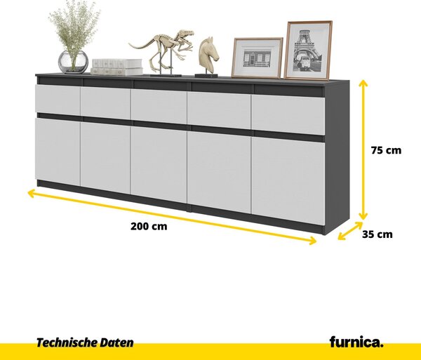 NOAH - Komoda s 5 zásuvkami a 5 dvířky - Komoda do ložnice Úložná skříňka Příborník - antracitově šedá / bílá matná V75cm Š200cm H35cm