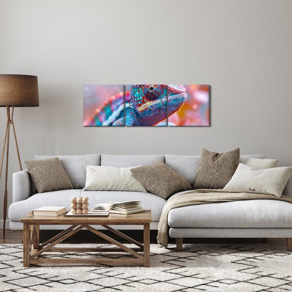 Obraz - Zbarvený chameleon (s hodinami) (90x30 cm)