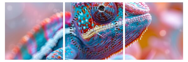 Obraz - Zbarvený chameleon (s hodinami) (90x30 cm)