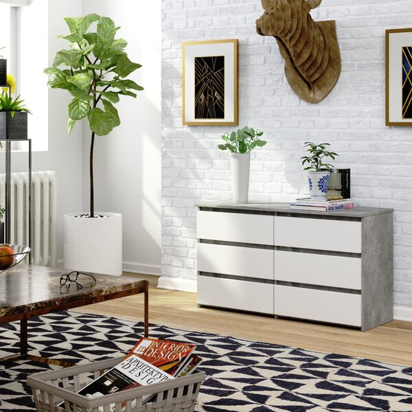 BDW, komoda, 6 zásuvek, 100x57, skříň, příborník, beton / bílá