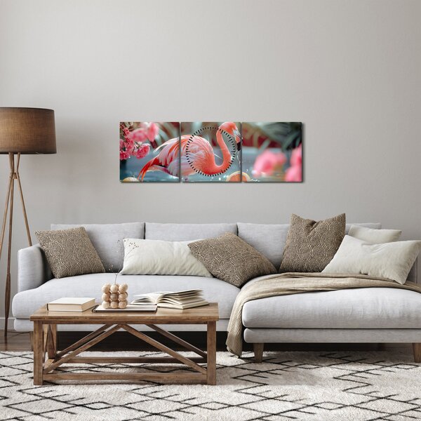 Obraz - Plameňák v jezírku (s hodinami) (90x30 cm)