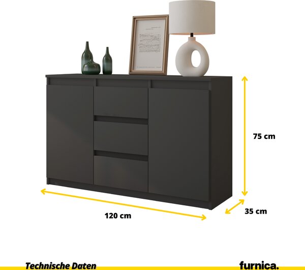 FURNICA - MIKEL - Komoda se 3 zásuvkami a 2 dvířky - antracitově šedá V75cm Š120cm H35cm
