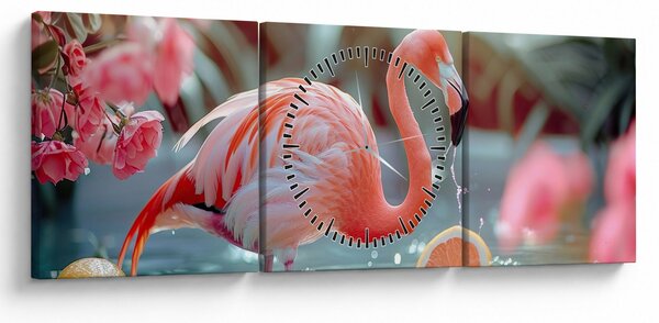 Obraz - Plameňák v jezírku (s hodinami) (90x30 cm)