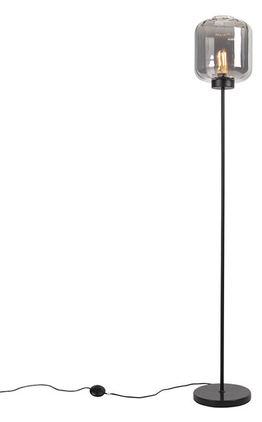 Designová stojací lampa černá s kouřovým sklem - Qara
