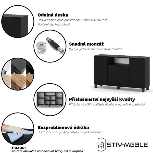 STIV Möbel | Komoda 140x35x80 cm Černý Mat | 4 dvířka | Obývací pokoj Ložnice | 9 polic | Moderní design