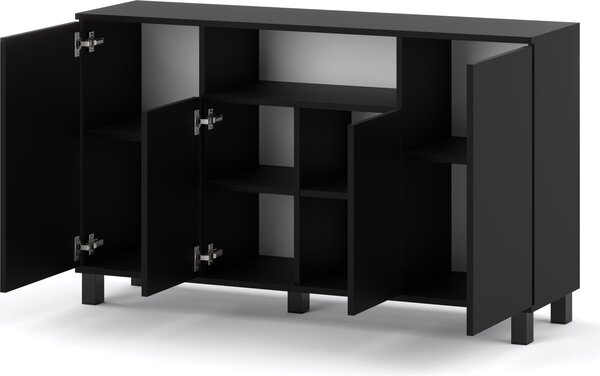 STIV Möbel | Komoda 140x35x80 cm Černý Mat | 4 dvířka | Obývací pokoj Ložnice | 9 polic | Moderní design