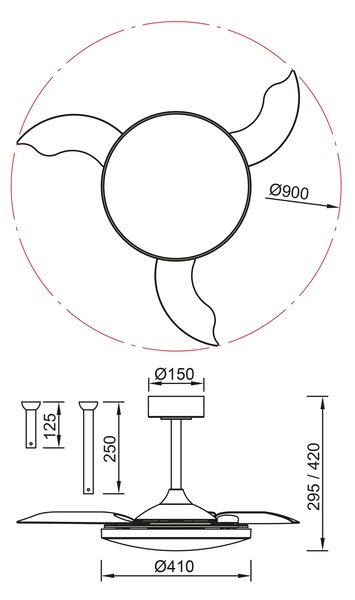 Mantra 9056 Slim Mini, rozvinovací ventilátor se svítidlem a dálk. ovladačem, LED 45W 2700-5000K, černá, průměr 41/90cm