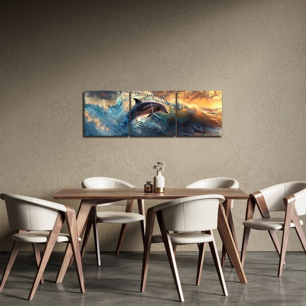 Obraz - Delfín, ilustrace (s hodinami) (90x30 cm)