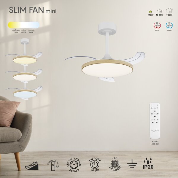 Mantra 9009 Slim Mini, rozvinovací ventilátor se svítidlem a dálk. ovladačem, LED 45W 2700-5000K, bílá/dřevěná, průměr 41/90cm