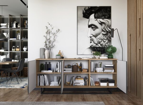 Komoda RTV ve stylu loft Dub Wotan Apollo 3D - Moderní - Nábytek Lindner - 168cm x 35cm x 72 cm , Barva: dub Wotan matný - Grafitový mat