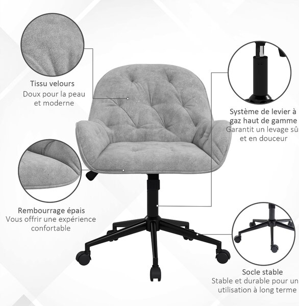 Vinsetto Kancelářská židle, Kancelářská židle s sametovým povrchem, 360° otočné sedadlo, Výškově nastavitelné, Ergonomická židle s kulatým opěradlem