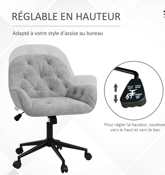 Vinsetto Kancelářská židle, Kancelářská židle s sametovým povrchem, 360° otočné sedadlo, Výškově nastavitelné, Ergonomická židle s kulatým opěradlem