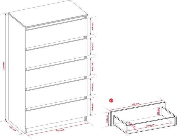 Komoda s 5 zásuvkami, antracit, A: 70 x 125 x 39 cm
