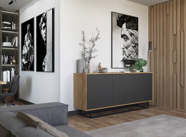 Komoda RTV ve stylu loft Dub Wotan Apollo 3D - Moderní - Nábytek Lindner - 168cm x 35cm x 72 cm , Barva: dub Wotan matný - Grafitový mat