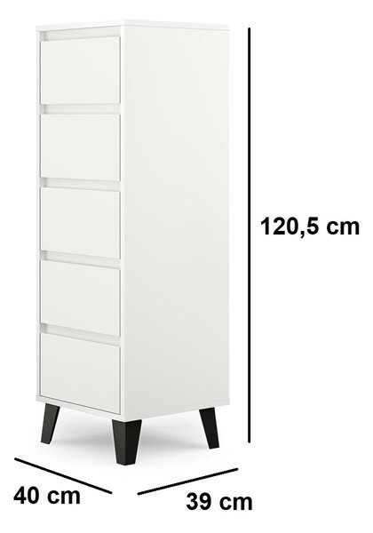 VBChome Komoda 5 zásuvek 40 x 39 x 120 cm Bílá bezúchytková komoda Víceúčelová skříňka do předsíně Ložnice Obývací pokoj Dětský pokoj Moderní