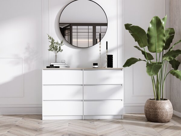 Komoda 6 zásuvek, barva: matná bílá / dub Sonoma TOP, 120 cm x 39 cm x 78 cm
