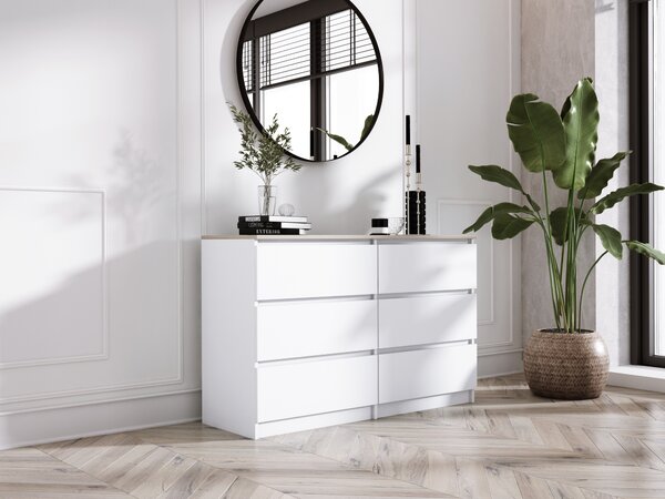 Komoda 6 zásuvek, barva: matná bílá / dub Sonoma TOP, 120 cm x 39 cm x 78 cm