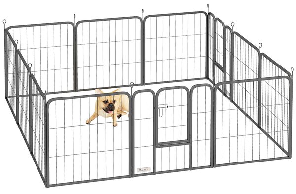 PawHut Psí Hřiště, 12-panelová Modulární a Skládací Psí Ohrada, Přenosná Ocelová Ohrada 60H cm se 2 Dveřmi, Plot pro Malé Psy, Vnitřní a Venkovní, Čer