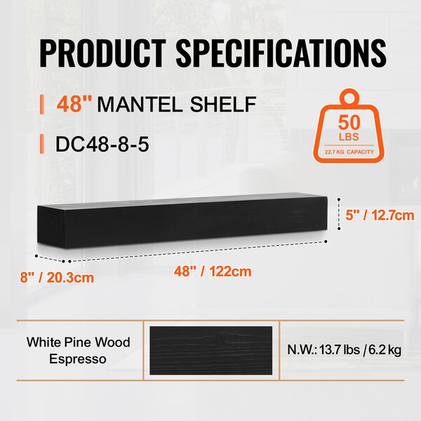 SucceBuy krbová římsa, 48" x 8" x 5", nosnost až 50 kg, krbová římsa z přírodního dřeva nad krb, plovoucí police pro montáž na stěnu, ručně vyráběný dekor v hnědé barvě espresso